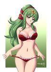  1girl 1girl 1girl alluring ass_visible_through_thighs bare_arms bare_midriff bare_shoulders bare_thighs big_breasts breasts collarbone female_only fire_emblem fire_emblem_awakening gradient_background green_background green_eyes green_hair long_hair looking_at_viewer medium_breasts midriff nintendo panties panty_pull pointy_ears ponytail red_panties shoulders smile sonicheroxd teasing thighs tiki_(adult)_(fire_emblem) tiki_(fire_emblem) underwear undressing very_long_hair 
