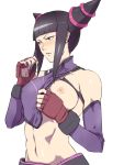  abs bare_shoulders black_eyes black_hair blush breast_slip breasts capcom detached_sleeves drill_hair elbow_gloves erect_nipples fingerless_gloves gloves halter_top halterneck jack_hamster juri_han navel nipples one_breast_out short_hair simple_background solo street_fighter street_fighter_iv toned twin_drills undressing white_background 