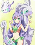 1girl armpits arms_up bikini blush breasts feathers goodra goomy green_eyes hair_feathers highres legs long_hair looking_at_viewer midriff moemon navel nintendo no_pupils personification pokemon pokemon_(game) pokemon_xy purple_hair shiny smile solo swimsuit tantan_men_(dragon)