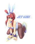  1girl :d animal_ears bare_shoulders blue_eyes blush bow bowtie breasts bunny_ears bunny_girl bunny_tail bunnysuit cleavage curvy english fuuro_(pokemon) gym_leader hair_ornament kneeling looking_at_viewer open_mouth pantyhose pokemon pokemon_(game) pokemon_black_and_white pokemon_bw red_hair sidelocks skyla smile solo surume_(clavis) tail taupe_pantyhose wrist_cuffs 