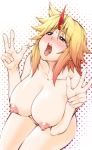  1girl 846-gou big_breasts blonde_hair blush breasts double_v female horn hoshiguma_yuugi huge_breasts long_hair nipples noir846 nude open_mouth red_eyes solo tongue tongue_out touhou v wide_hips 
