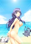  1girl absurdres ass beach bikini breasts cat covering covering_ass covering_breasts long_hair nude open_mouth purple_hair sun water 