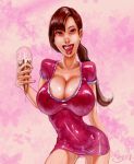 1girl bielegraphics big_breasts breasts female_only huge_breasts ice_cream ice_cream_cone panties ponytail red_dress tongue