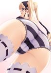   1girl ass blonde_hair blue_eyes blush cameltoe ekaterina_kurae fat_mons fujirin hat high_res huge_ass lingerie long_hair looking_back panties pussy seikon_no_qwaser solo striped striped_panties thick_thighs stockings thighs topless twin_tails uncensored underwear white_legwear  