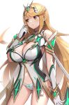 1girl absurd_res alluring bare_shoulders big_breasts blonde_hair breasts chest_jewel cleavage cleavage_cutout clothing_cutout dress earrings gonzarez high_res jewelry long_hair mythra_(prototype) nintendo prototype_design short_dress swept_bangs tiara very_long_hair white_dress xenoblade_(series) xenoblade_chronicles_2 yellow_eyes