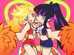 2girls asymmetrical_docking big_breasts blue_eyes blue_hair breasts cheerleader green_eyes hair holding_hands ingenmame long_hair multicolored_hair multiple_girls navel open_mouth oppai panty_&amp;_stocking_with_garterbelt panty_anarchy pom_poms ponytail purple_hair siblings sisters skirt small_breasts smile stocking_anarchy twin_tails