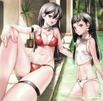  2girls arm_strap bare_shoulders bikini black_hair breasts brother_and_sister cleavage collar long_hair multiple_girls nakano_tomokazu navel queen&#039;s_blade queen&#039;s_blade_rebellion red_bikini red_eyes sainyang_(queen&#039;s_blade) siblings sisters smile source_request swimsuit tarnyang_(queen&#039;s_blade) trap twins 