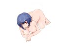  1girl ass blue_hair breasts nude red_eyes short_hair smile solo white_background 