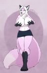  1girl 1girl 2020 anthro blokfort bottomwear breasts canid canine clothed clothing fox fur furry grope hair hand_on_breast high_res mammal pink_body pink_fur shorts smile standing topless white_hair 
