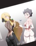  2_girls 2girls ass backless_dress blonde blonde_hair camera_view carnet_(pokemon) clothed cynthia cynthia_(pokemon) diantha dress female female_human female_only gloves hair_over_one_eye human long_blonde_hair long_gloves looking_at_viewer pokemon shirona_(pokemon) standing tongue_out 