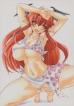  1girl armpits arms_up bad_id big_breasts bikini bikini_skirt breasts cherry_blossoms cleavage collarbone female floral_print head_wings huge_breasts koakuma large_breasts long_hair marker_(medium) millipen_(medium) navel open_mouth pointy_ears red_eyes red_hair simple_background sitting smile solo spread_legs swimsuit touhou traditional_media underboob uneven_eyes very_long_hair white_background white_bikini white_swimsuit yutakasan-love 