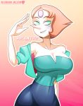 1girl alcasar-reich alternate_breast_size arm_up bare_shoulders big_breasts blue_eyes blush breasts cleavage covered_navel female_only forehead_jewel half-closed_eyes jacket looking_at_viewer pearl pearl_(steven_universe) short_hair sleeves_rolled_up smile steven_universe text white_skin