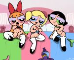 3girls black_hair blonde_hair blossom_(ppg) blue_eyes bob_cut breasts bubbles_(ppg) buttercup_(ppg) cartoon_network dlt green_eyes looking_at_viewer multiple_girls nipples octi powerpuff_girls red_eyes red_hair siblings sisters tied_hair tongue twintails