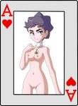  1_girl 1girl breasts card carnet_(pokemon) diantha female female_human female_only hairless_pussy looking_at_viewer nude playing_card playing_cards pokemon pussy solo standing thigh_gap 