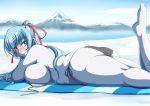  1girl aoi_(gegege_no_kitarou) ass astraea13 bikini blue_eyes blue_hair blue_skin breasts cleavage fat gegege_no_kitarou huge_ass huge_breasts looking_at_viewer lying monster_girl on_stomach plump ponytail smile solo swimsuit yuki_onna 