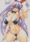 1girl alternate_costume animal_ears big_breasts bikini black_bikini blush bow breasts bunny_ears cleavage collarbone curvy extra_ears female finger_gun hand_on_thigh highleg highleg_bikini highleg_swimsuit huge_breasts large_breasts long_hair navel open_mouth outstretched_arm purple_hair red_eyes reisen_udongein_inaba simple_background smile solo stockings swimsuit thighhighs touhou twintails uneven_eyes uneven_twintails very_long_hair white_background white_legwear yutakasan-love 