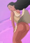  ass black_hair disney embarrassing funny lipstick looking_back looking_down no_panties pocahontas pocahontas_(character) surprise wind_lift y-s 