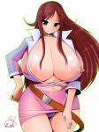  1girl akana_rui amano_taiki areola areola_slip areolae blush breasts brown_hair chousoku_henkei_gyrozetter curvy female gigantic_breasts green_eyes highres huge_breasts long_hair looking_at_viewer microskirt no_bra see-through shiny shiny_skin simple_background skirt smile solo white_background 