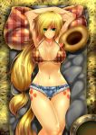  1girl applejack breasts clothing cowgirl cutie_mark emperpep female friendship_is_magic hat human humanized lying my_little_pony pillow skimpy solo_female 