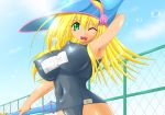 1girl armpits black_magician_girl blonde_hair blush breasts clothed_navel covered_navel dark_magician_girl duel_monster erect_nipples fang green_eyes huge_breasts impossible_clothes impossible_clothing impossible_swimsuit long_hair navel nipples one-piece_swimsuit one_eye_closed open_mouth puffy_nipples school_swimsuit skin_tight smile solo swimsuit wand wet wink yu-gi-oh! yuu-gi-ou yuu-gi-ou_duel_monsters 