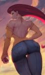  1girl ass bare_back bare_shoulders blue_eyes breasts cutesexyrobutts denim earrings from_behind holding_poke_ball jeans jessie_(pokemon) jewelry long_hair looking_at_viewer looking_back musashi_(pokemon) pants pokeball pokemon pokemon_(anime) red_hair ribbed_sweater sunset sweater thigh_gap wide_hips 
