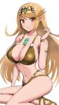 1girl 2022 :o alluring bangs big_breasts bikini blonde_hair blush breasts cleavage clothed female_focus female_only gold_bikini gold_eyes gonzarez high_res hips long_hair looking_at_viewer mythra nintendo simple_background slim_waist swept_bangs thighs white_background xenoblade_(series) xenoblade_chronicles_2