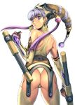 1girl anime ass earrings elbow_gloves female_only fingerless_gloves gloves hentai homare_(fool&#039;s_art) jewelry looking_back original ponytail purple_eyes purple_hair solo tonfa violet_eyes weapon