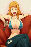  1girl alcohol arm arm_rest armpits arms art babe bare_shoulders big_breasts bikini_top blush breasts breasts_apart brown_eyes collarbone couch crossed_legs drink earrings female hairu happy jeans jewelry large_breasts laugh laughing legs_crossed long_hair nami neck one_piece open_mouth orange_hair pants pirate red_upholstery sitting slender_waist smile sofa solo tattoo wink 