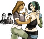 2_girls 2boys 2girls black_eyes black_hair breast_to_breast breasts brown_hair brown_skin cartoon_network cleavage courtney_(tdi) dark-skinned_female duncan_(tdi) dyed_hair female first-second goth green_hair green_lipstick gwen_(tdi) hourglass_figure latina male navel pale-skinned_female short_hair simple_background symmetrical_docking thick_ass thick_legs thick_thighs total_drama_island trent_(tdi) two_tone_hair wasp_waist white_background