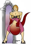 bartok_the_magnificent belly_bulge belly_expansion blonde_hair boobmonkey claws closed_eyes clothes_ripping dragon_girl earrings ludmilla tail transformation