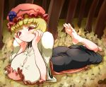 1girl aki_minoriko autumn barefoot blonde_hair breasts cleavage feet female forest hat high_res highres histamine_c huge_breasts long_skirt lying minoriko_aki nature on_stomach outdoors outside red_eyes short_hair skirt soles solo straining_buttons toes touhou