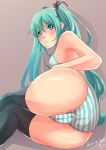 1girl 2012 aqua_eyes aqua_hair artist_name ass bra cameltoe dated dream_of_abell hair_ribbon hatsune_miku highres huge_ass long_hair miku_hatsune panties ribbon simple_background solo striped striped_panties thighhighs twintails underwear underwear_only vocaloid