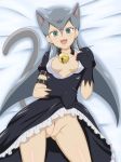  1girl animal_ears bell black_dress black_gloves blush breasts cat_ears cat_tail cathy_(yuu-gi-ou_zexal) cleft_of_venus dress fang fat_mons gloves green_eyes grey_hair highres large_breasts long_hair lying no_panties on_back open_mouth pussy silver_hair skirt skirt_lift smile solo tail takappe uncensored yu-gi-oh! yu-gi-oh!_zexal yuu-gi-ou yuu-gi-ou_zexal 