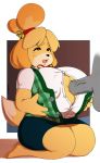  1girl 1girl animal_crossing anthro big_breasts black_nose breasts canine cleavage clothed clothing dog fully_clothed fur furry hair huge_breasts isabelle_(animal_crossing) josieokami mammal nintendo open_mouth paizuri penis sex shih_tzu video_games voluptuous 