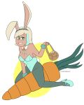 1girl 2019 artist_signature bare_shoulders basket blonde blonde_hair bottomwear breasts bunny bunny_costume bunny_ears bunny_ears_headband bunny_girl bunny_tail bunnysuit cadenreigns carrot clothed clothes covered_breasts diadem disney disney_channel disney_xd easter_bunny easter_egg egg eggs female footwear freckles green_eyes grin hairband head_ornament headband headwear high_heels jackie_lynn_thomas large_ears leotard long_ears long_legs ornament playboy_bunny playboy_bunny_leotard rabbit_ears rabbit_tail seashell shell short_hair signature sitting smiling_at_viewer solo solo_female solo_focus star_vs_the_forces_of_evil tan tanned tanned_skin tie topwear two_tone_hair white_background wristband