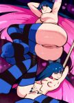  1girl 1girl armpits ass bangs blue_hair blunt_bangs blush breasts censored closed_mouth colored_inner_hair green_eyes heart high_resolution long_hair looking_at_viewer medium_breasts mosaic_censoring multicolored_hair nipples nude one_eye_closed panty_&amp;_stocking_with_garterbelt pink_hair pussy roropull spread_legs star_(symbol) stocking_(psg) stockings striped striped_legwear two-tone_hair very_long_hair 