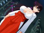  1girl angry big_breasts bishoujo_senshi_sailor_moon black_hair blue_eyes breasts cleavage earrings glamour_works highres hino_rei huge_breasts japanese_clothes jewelry long_hair looking_away miko purple_hair rei_hino sailor_mars solo standing wallpaper 