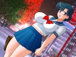  1girl ami_mizuno big_breasts bishoujo_senshi_sailor_moon blue_eyes blue_hair blue_skirt breasts clothed female female_only glamour_works looking_at_viewer mizuno_ami sailor_mercury sailor_moon school_uniform solo standing 