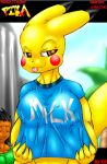  anthro big_breasts breasts erect_nipples female human looking_at_viewer male monkeyxflash nipples pikachu pokemon smile tongue tongue_out 