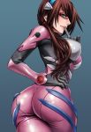  1girl ass big_breasts blue_background blue_eyes bodysuit breasts brown_hair curvy dat_ass erect_nipples evangelion:_2.0_you_can_(not)_advance finger_to_mouth glasses hand_on_hip high_res highres hips huge_ass impossible_clothes impossible_clothing large_breasts lips long_hair looking_back makinami_mari_illustrious neon_genesis_evangelion plugsuit rebuild_of_evangelion red-framed_glasses sadakage simple_background skin_tight solo twin_tails twintails 