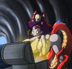  bent_over big_breasts breasts cave ear_piercing earring female from_behind hat imminent_rape lipstick lordstevie lordstevie_(artist) necklace nipple ocean piercing pirate purple_hair purple_lipstick purple_skin red_eyes risky_boots shantae surprise tentacle tentacles treasure_chest water 