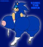  1girl anthro areola ass blue_hair breasts clothes color cum erect_nipples erect_penis female genderswap green_eyes habbodude hair hedgehog hips huge_ass huge_breasts hyper hyper_ass hyper_breasts looking_at_viewer looking_back nipples nude open_mouth orgasm penis rule_63 sega smile solo sonic_(series) sonic_the_hedgehog standing testicles text torn_clothes wide_hips 