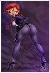 2013 ass bent_over cosplay crimson_viper dexter&#039;s_laboratory dexter&#039;s_mom fernando_faria_(artist) gloves halloween lipstick long_hair looking_back milf ponytail red_lipstick shiny shiny_skin smile solo street_fighter sunglasses wide_hips