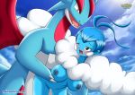  1girl 1guy altaria bbmbbf bent_over blue_hair blue_skin breasts dragon nintendo one_eye_closed palcomix pokemon pokepornlive salamence sex white_feathers 