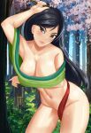  1girl alluring asian_female athletic_female bare_legs big_breasts black_hair brown_eyes cleavage convenient_censoring disney disney_princess disrobing fa_mulan female_abs fit_female fuzzlogik mulan naked_from_the_waist_down outside undressing 