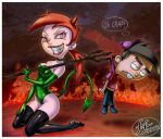  2013 blue_eyes boots breasts brown_hair cleavage cosplay fernando_faria_(artist) fire funny halloween hat high_heel_boots high_heels horns leotard lipstick orange_hair pink_eyes pitchfork smile tail the_fairly_oddparents timmy_turner vicky vicky_(fop) weapon 