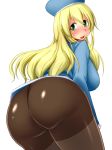  1girl ass atago_(kantai_collection) blonde_hair breasts female green_eyes hat huge_ass kantai_collection large_breasts long_hair looking_at_viewer looking_back nokoppa pantyhose simple_background smile solo white_background 