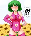  1girl armpit_hair bare_shoulders blush colored_pubic_hair crotchless_clothes elbow_gloves female flower gloves green_hair hand_on_hip kazami_yuuka looking_down navel navel_cutout nippleless_clothes nipples open_mouth pubic_hair pussy red_eyes short_hair solo sukedai sunflower sweat thighhighs touhou umbrella uncensored 