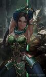  1girl armpits arms_up bare_arms bare_shoulders big_breasts black_hair bracelet breasts cleavage clenched_hands closed_mouth collarbone dark_skin earrings fantasy fighting_stance fingerless_gloves gloves green_eyes jade_(mortal_kombat) jewelry judash137 long_hair looking_at_viewer magic mortal_kombat pleated_skirt ponytail skirt smile staff standing thighs toned very_long_hair weapon 