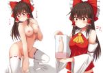  1girl 1girl 1girl ascot blush bow breasts brown_hair closed_mouth detached_sleeves dildo eyebrows_visible_through_hair hair_bow hair_ornament hair_tubes hakurei_reimu high_resolution imminent_penetration long_hair medium_breasts midriff nipples nude red_bow red_eyes sex_toy simple_background squatting stockings taki_sandstone touhou white_background white_legwear yellow_neckwear 